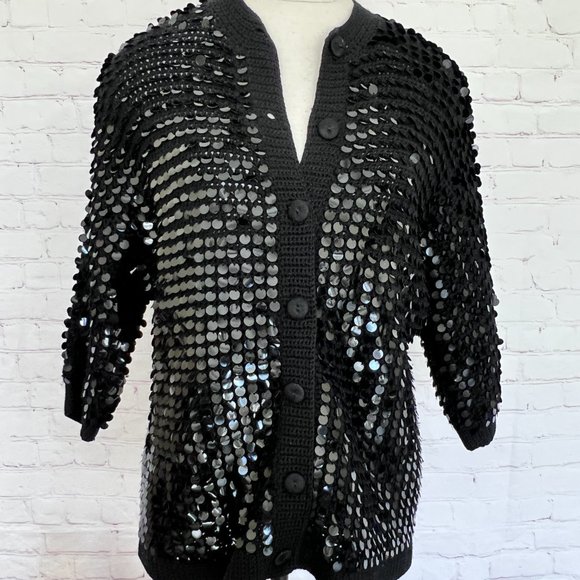 60's Black Sequin Cardigan/Sweater - Forecast Shops - Wool - Size Medium - Picture 3 of 11